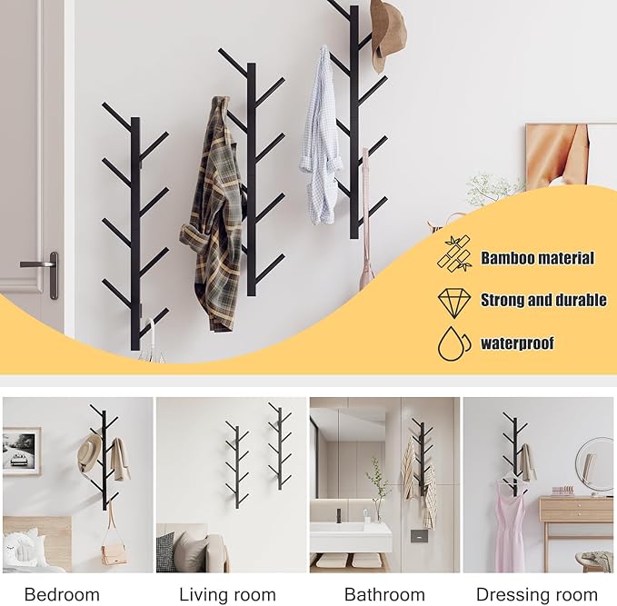 Coat Rack Wall Mount,Bamboo Vertical Hat Rack for Wall,Wall Coat Tree,Coat Hanger,Floating Coat Rack for Hats,Jackets,Bags,Entryway Bedroom (Black)