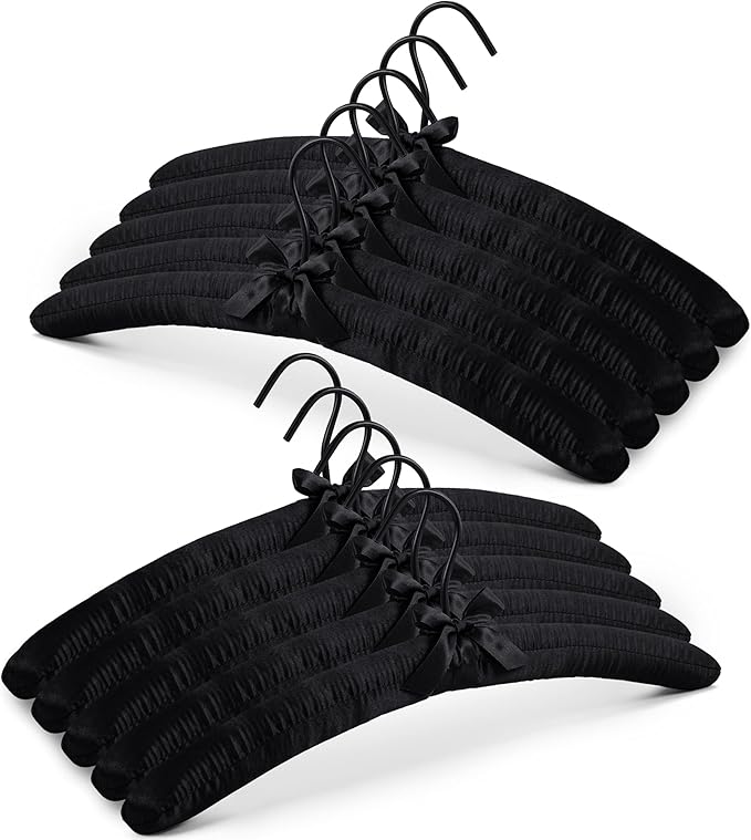 JS Hanger Padded Hanger for Sweaters - 17 Inch Extra Large Heavy Duty Satin Covered Coat Hangers No Shoulder Bump for Women Clothes, Sweaters, Dresses, Clothing, Weddings, Lingerie Pack of 10, Black