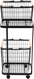 Laundry Basket, 2 Tiers Removable Laundry Baskets Cart Load Bearing Capacity of 88.18 lbs Metal Laundry Basket With 2 Removable Baskets and 4 Universal Wheels for Kitchens Bathrooms Bedrooms (Black)
