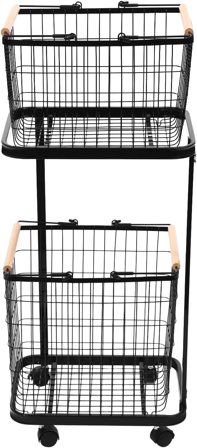 Laundry Basket, 2 Tiers Removable Laundry Baskets Cart Load Bearing Capacity of 88.18 lbs Metal Laundry Basket With 2 Removable Baskets and 4 Universal Wheels for Kitchens Bathrooms Bedrooms (Black)