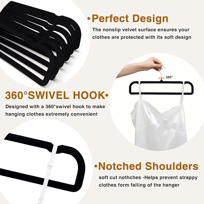 60sets/120pcs Velvet Pants Hangers Non Slip Black Felt Hangers with 60 Cascading Hooks, Space Saving 360 Degree Swivel Hook Closet Organizer for Jeans, Trousers, Leggings, Tank Top, Shorts and Skirts