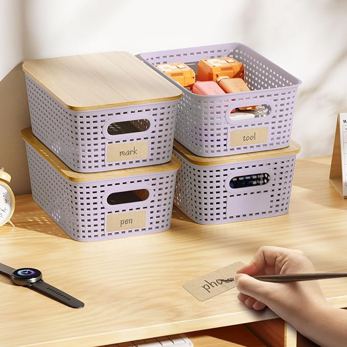 6Pcs Storage Bins with Lids, Stackable Plastic Storage Basket with Bamboo Lid, Pantry Organizer Box Small Containers for Organizing Shelves Drawer Desktop Closet Cabinet Office Classroom 10x7.1x4.1in