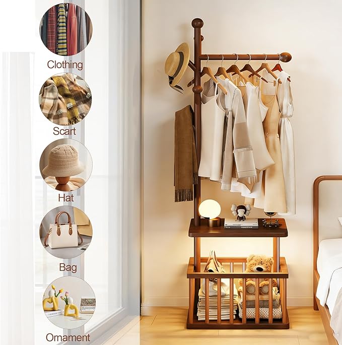 Solid Wood Coat Rack Clothes Rack, Coat Rack Freestanding with Storage Basket Heavy Duty Coat Tree for Entryway, Living room, Coat Hanger Stand for Hats, Bags Clothes