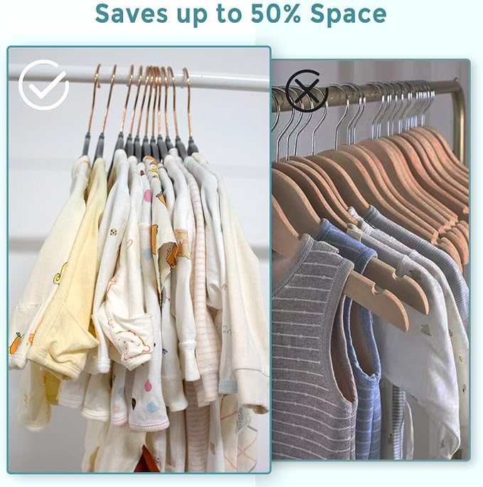 Baby Velvet Hangers 50 Pack - 11 Inch Non-Slip Felt Kids Hanger for Newborn Clothes - Small Toddler Child Hangers Durable for Every Use - 10 Hanger Clips Included, Gray