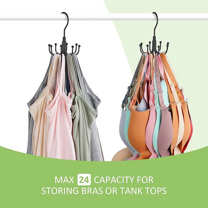 Tank Top Hanger, Rotatable Bra Hanger for Closet, Max 24 Capacity Metal Tank Top Holder Storage Space Saving Sport Bra Organizer, Black