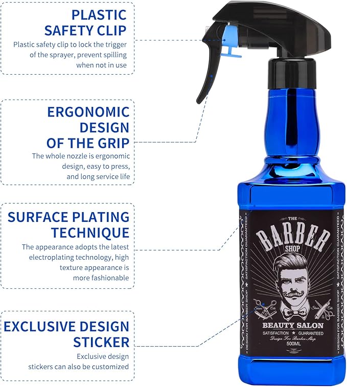 Water Sprayer 500ml/16.9oz Hair Spray Bottle Hairdressing Barber Spray Bottle Whisky Squirt Bottle Mist Salon Hair Tools Home Gardening (Blue)
