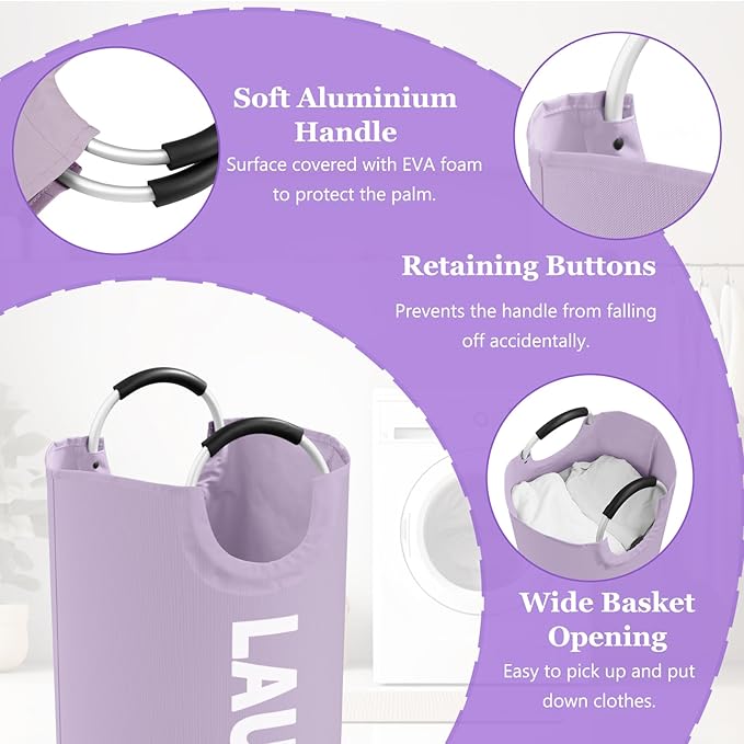 Set of 2 Large Laundry Baskets for Adult, 95L Collapsible Laundry Baskets with Aluminum Handles, Portable Dirty Clothes Hampers for Bedroom, Travel, Purple + Navy Blue