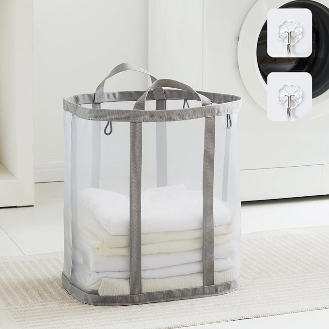 Mesh Laundry bag with Handles, 42L Collapsible Laundry Basket with 2 Hooks, Wall-Mounted Foldable Laundry Hamper Hanging for Bathroom, Dorm or Travel (Grey, 1 Pack）