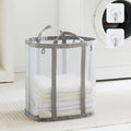 Mesh Laundry bag with Handles, 42L Collapsible Laundry Basket with 2 Hooks, Wall-Mounted Foldable Laundry Hamper Hanging for Bathroom, Dorm or Travel (Grey, 1 Pack）