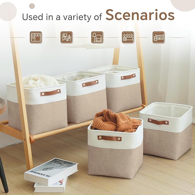 Cube Storage Baskets 6 Pack, 11x11 inch Cube Storage Bins with Leather Handles for Shelf Closet (White/ Khaki)