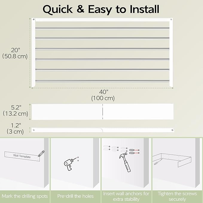 Wall Mounted Clothes Drying Rack 40 inches, Foldable Wall Mount Laundry Rack Folding Indoor, Drying Rack Clothing Collapsible, Hidden Space Saver with Wall Template, 6 Rods, White