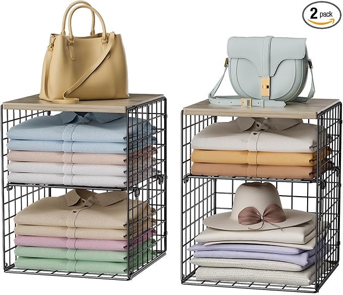 4-Tier Stackable Closet Organizers and Storage, Closet Shelves with Adjustable Dividers & Wood Top Extra Storage, Clothes Storage Basket Bins for Wardrobe, Closet Organizer System, Black