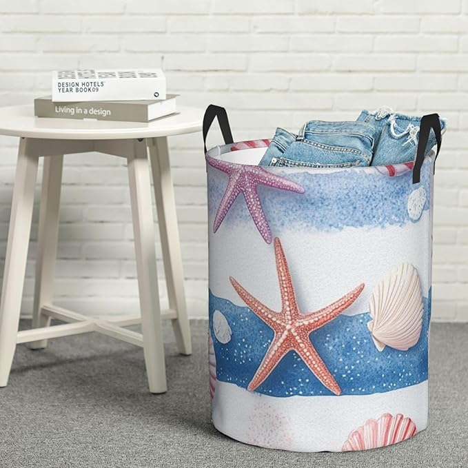 Ocean Seashell And Starfish Print Laundry Basket For Storage Bins Gift Baskets Bedroom Clothes Hamper