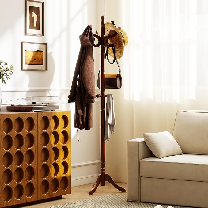 Tangkula Coat Rack Freestanding, Solid Rubber Wood Coat Tree with 11 Hooks and 3 Height Options for Coats, Hats, Bags, Purses, Clothes, Hanger Stand for Entryway Hallway Bedroom Office (Reddish Brown)