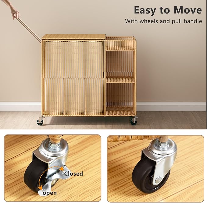 WOWLIVE Laundry Hamper with Wheels, Handwoven Laundry Basket with Lid, Shelves, Rolling Clothes Hamper with Removable Liner Bag, 110L Large Laundry Sorter Laundry Room Organization, Natural