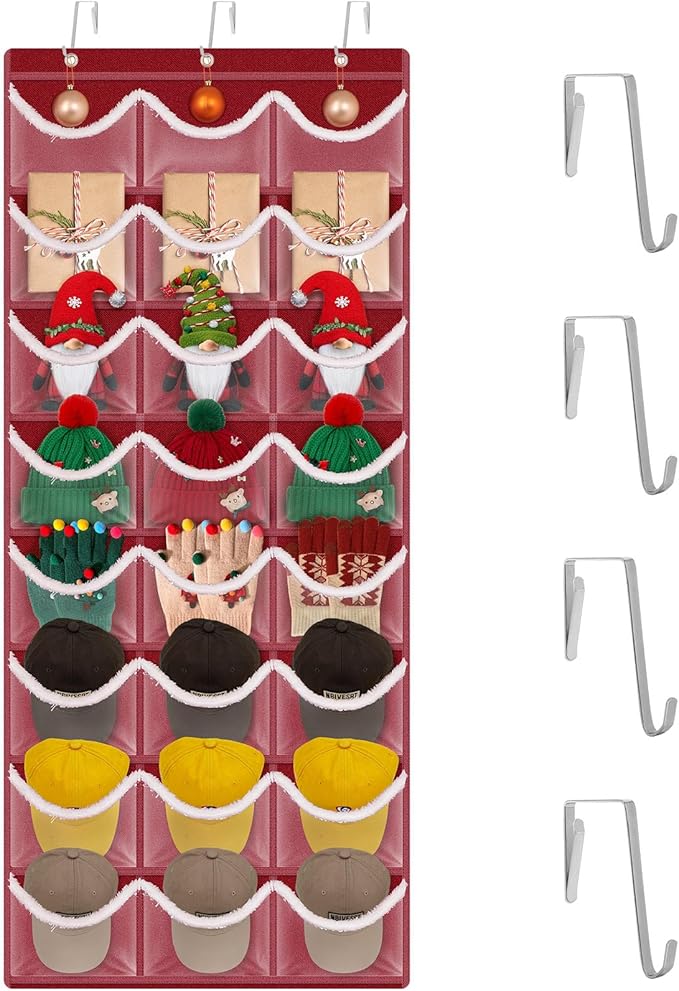 LoforHoney Hat Organizer for Baseball Caps, Over The Door Hat Rack with 24-Pocket, 3 Hooks, Christmas Organizer for Santa Hats, Stockings, Gifts, Festive Red with White Fluffy Trim-Ideal Holiday Gift