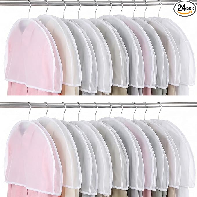 24 Pcs Garment Covers for Hanging Clothes, 24 x 12 x 2 Inches Plastic Shoulder Cover Dust Covers Clothes Protectors Breathable with 2 Inch Gusset for Closet Storage Suit Coats Jackets Dress