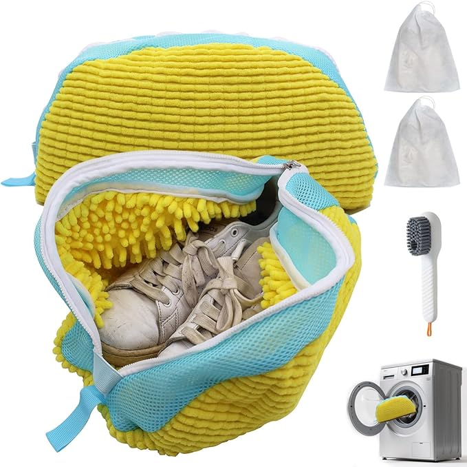 Shoe Washing Machine Bag,Blue and white stripes Mesh Shoe Washing Bag for Washing Machine - Large Size Fits various Shoes, Chenille Fabric Protection, Zipper Laundry Bag for Sneakers (2 Pcs) (Yellow)