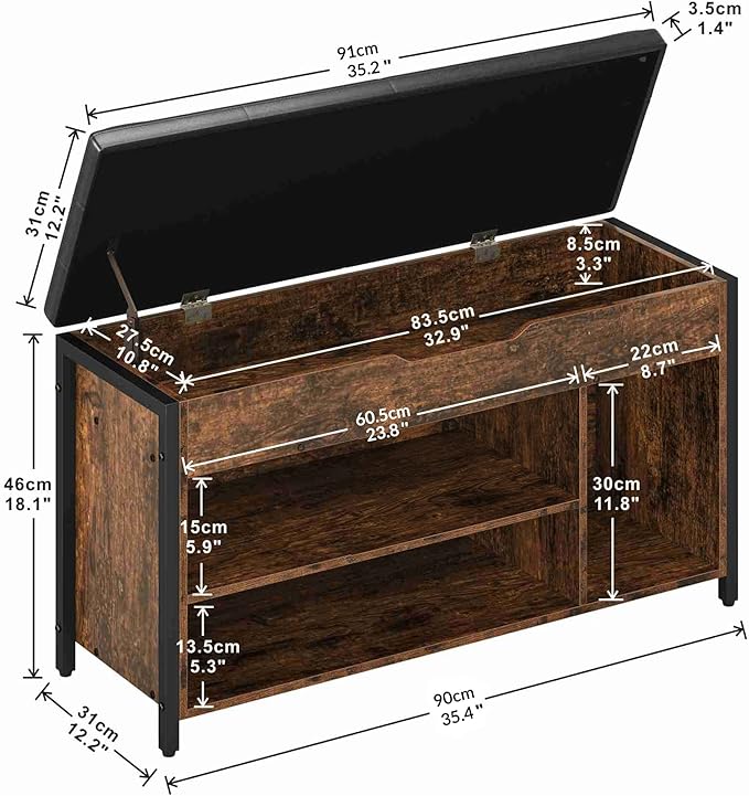 Shoe Bench, Lift Top Shoe Storage Bench, Adjustable Shelf Entryway Bench, Metal and Wood Shoe Rack Organizer with Cushion for Entry, Bedroom, Closet, Living Room, Hallway (Brown, 35.5“W)