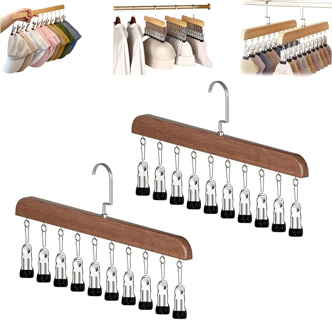 Closet Organizer with 10 Clips, 2026 NEW Space Saving Hanging Closet Organizer, Space-Saving Hat Scarf Clothespins for Jeans Skirts Socks Pant Hangers with Clips (2, Vintage)