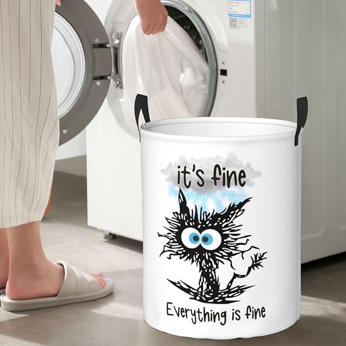 Laundry Basket Cute Black Cat Room Decor,Round Laundry Hamper Waterproof Dirty Clothes Hamper Collapsible Laundry Baskets With Handles,Toy/Clothes Storage Basket For Home Dorm Black Cat Bathroom Decor
