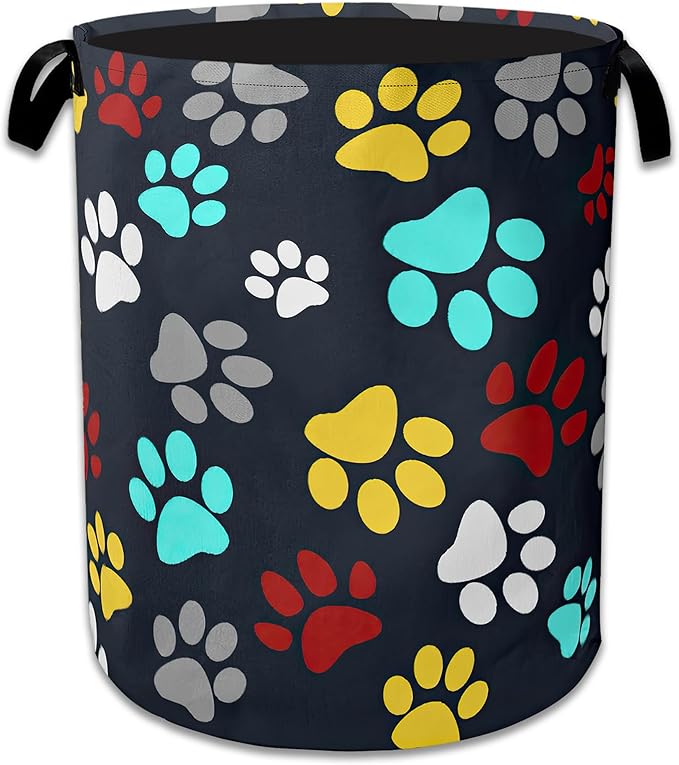 Colourful Paw Prints Laundry Basket Collapsible Laundry Hamper with Handle, Oxford Clothes Toy Storage Bin for Bathroom Bedroom Room Decor 16" X 20.8"