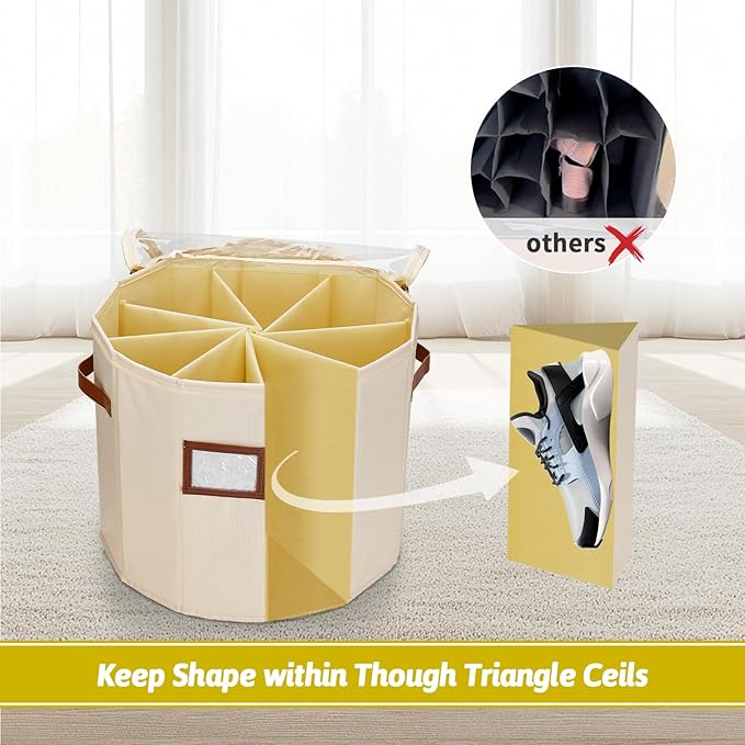 Shoe Organizer Round for Closet - Foldable Shoe Storage Bin with Clear Lid, Compact Zapateras Sandals Tall Boots Organizer Box for Mudroom Small Spaces Under Bed - 16.9"×13"
