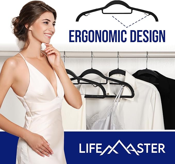 LifeMaster 30 Pcs. Dry Wet Clothes Hangers - Heavy Duty Coat Hanger Set with 360° Swivel Hook (Black) Non-Slip Rubber, Space-Saving, Frustration-Free Hanging, Accessory Tie Bar, Smart Strap Hooks