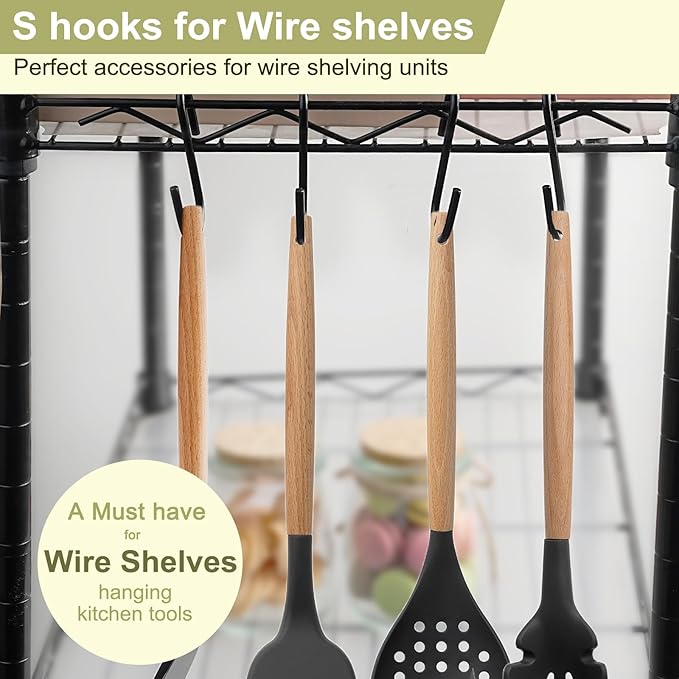 30 Pack 2.4 inches S Hooks for Hanging on Wire Shelves, Black S Shaped Hanging Hooks Hangers Pan Holder Pot Wire Rack Hooks for Kitchenware Spoons Pans Pots Utensils Jeans Bags Towels Plants,