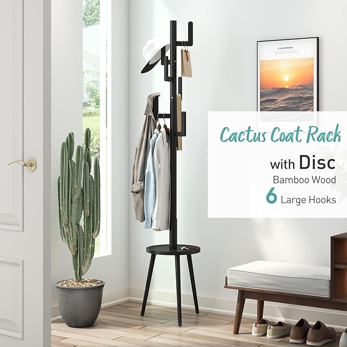 Coat Rack, Wooden Coat Rack Freestanding with Shelf, Bamboo Cactus Coat Tree, Coat Tree for Clothes/Bag/Hats, Hanger Stand for Entryway (Black)