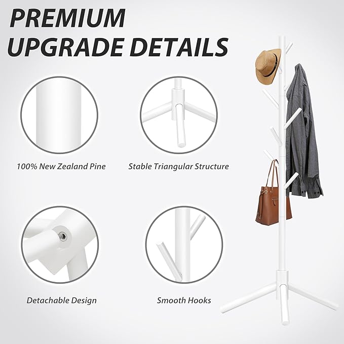 Durable Wooden Coat Rack, Freestanding Coat Rack with Stable Triangular Base, 8 Hooks & 3 Adjustable Heights, Simple Assembly for Bedroom, Hallway, Office(New White)