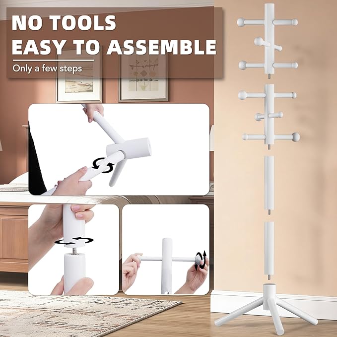 Wooden Coat Rack Freestanding with 12 Hooks 3 Adjustable Heights，Standing Coat Rack Tree for Hat and Coat Rack for Small Spaces Entryway,Office,Bedroom,White