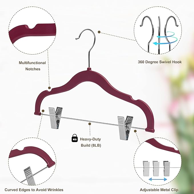 Quality Kids Children Plastic Non Velvet Non-Flocked Thin Compact Skirt Pant Coat Hangers with Metal Clips for Skirts Pants Blouse 360° Swivel Hook, Jacket, Shirt, Legging, Suit Hanger (Raspberry, 10)