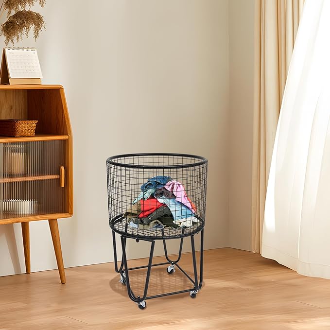 Wire Metal Deep Set Rolling Laundry Basket,Mesh Wire Laundry Basket Storage Cart for Bathroom Bedroom Dirty Clothes Storage (G)
