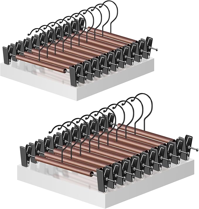 Jiang&Rong 20-Pack Wooden Hangers with Metal Clips - Adjustable Non-Slip Closet Organizers for Pants, Jeans, Skirts, Socks | Heavy-Duty Rustproof Hanger Set (Black)