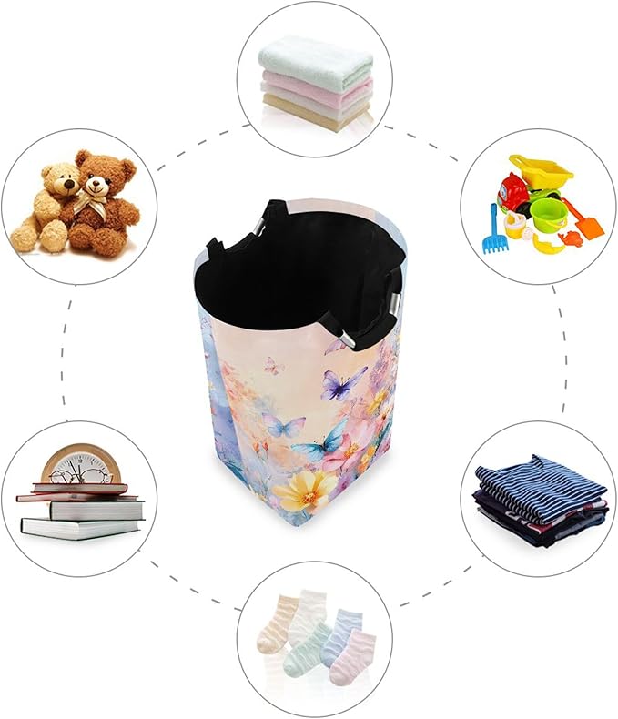 xigua Colorful Flowers and Butterflies Large Laundry Hamper with Handle, Foldable Clothes Hamper Collapsible Storage Basket for Toys and Clothes Organization in Bedroom, Bathroom, and Laundry Room