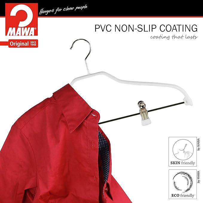 Mawa by Reston Lloyd Silhouette Series Non Slip Space Saving Hanger with Pant Clips, Style 40/FK,Set of 70, White