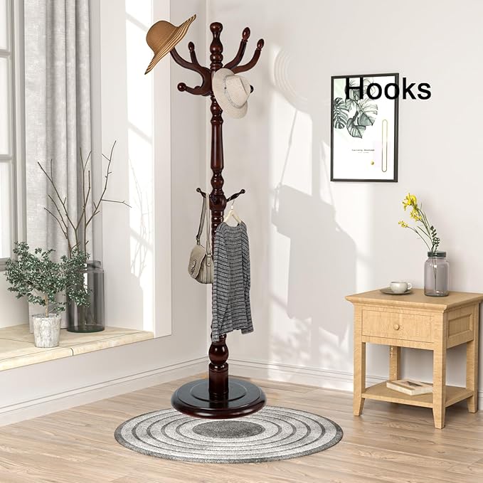 Wooden Coat rack freestanding, Coat racks stand with 11 Hook, Heavy duty coat tree standing 2 Adjustable Heights for Bedroom, Entryway, Hallway, Office,Stury Base (Brown disc)