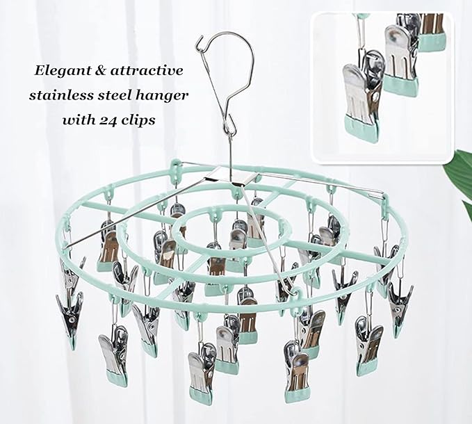 Stainless Steel Clothes Sock Drying Rack with 24 Clips, Swivel Hook Windproof Clothes Hanger Rack for Sock, Bras, Towel, Underwear, Hat, Scarf, Gloves, Pants Laundry Clothes (Green Clips)