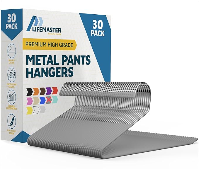 Lifemaster Metal Pants Hanger Set - 30 Pieces Elegant Non-Slip Closet Space Saving Hanger Set for Pants, Trouser, Blankets, and Jeans with Open Ended Sleek Design - Gray