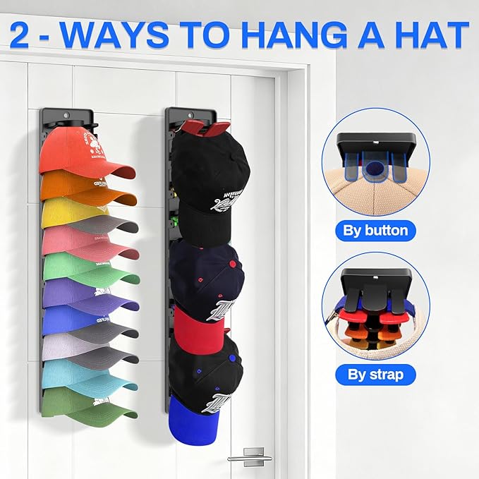 Hat Organizer for Baseball Caps, 2 Pack Hat Rack for Wall Door Closet Hold Up to 20 Hats, Spring Clip Hat Holder On Wall, Wall Mounted Hat Rack for Door Closet Bedroom (Adhesive or Screw Mount)