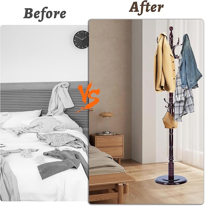 Wooden Coat Rack Freestanding with Resin Hooks, Adjustable Heavy Duty Stand for Hanging Coats, Bags, Hats, and Umbrellas in Living Room, Bedroom, Entryway (Rosewood-Phoenix Hook)