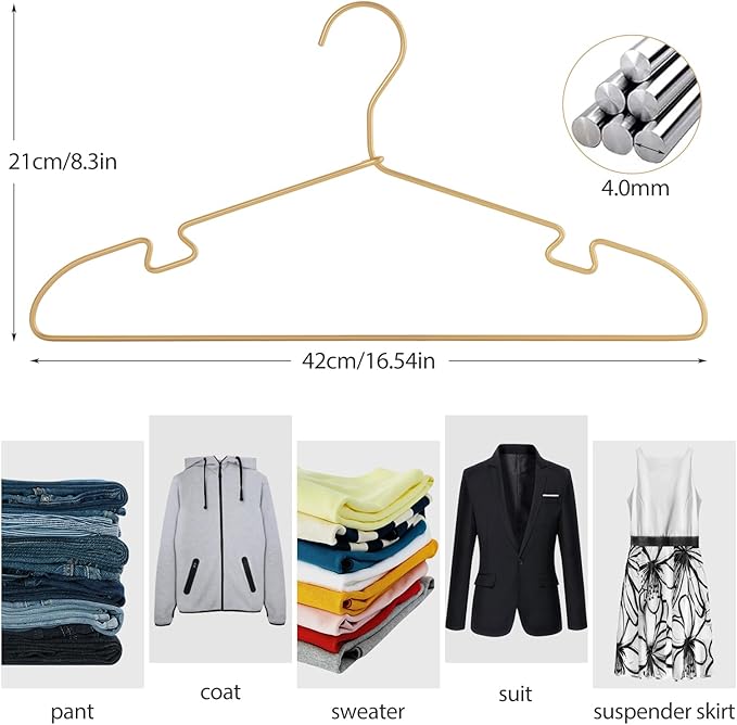 Gold Aluminum Hangers, 16.5 Inch Smooth and Durable Metal Shirt Dress Hanger, Lightweight and Sturdy Metal Hanger for Suit Jackets and Casual Pants (20 Pack)