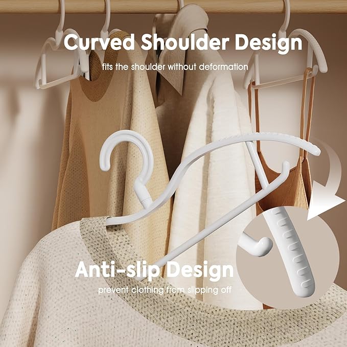 Premium Plastic Coat Hanger with 360 Swivel Hook, 20 Pack, Curved Design with Non-Slip Grip, White Clothes Hangers for Coats, Pants & Dress