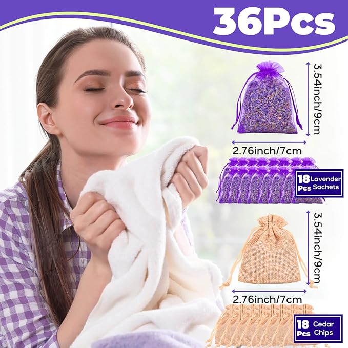 36 Pack Lavender Sachet Bags & Cedar Chips Set - Premium Cedar and Lavendar Home Fragrance Sachets, No Added Flavor & Coloring, Lavender Sachets for Drawers, Closets, Storage