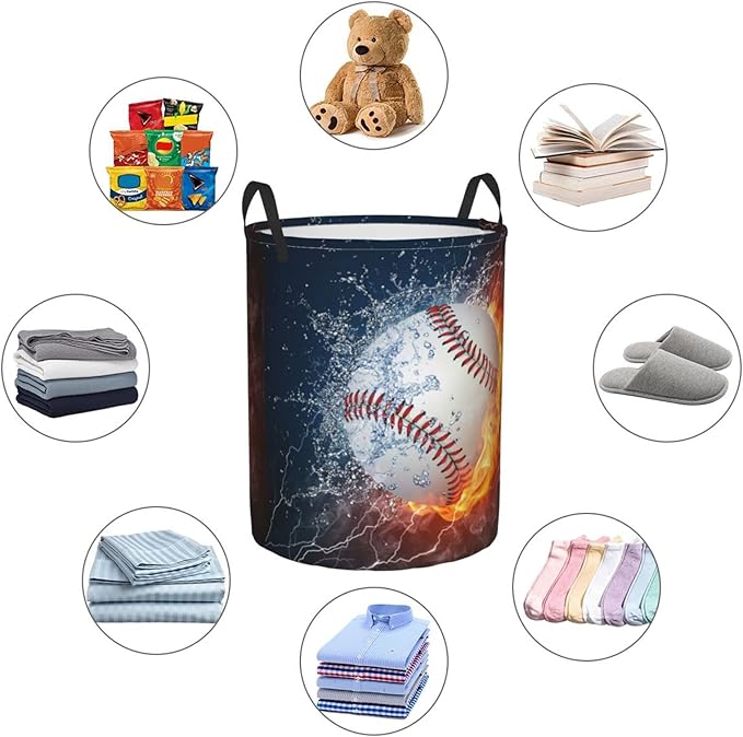 Dujiea Baseball in Fire and Water Laundry Basket Round with Handle, Collapsible Foldable Canvas Storage Bin Dirty Clothes Bag for Laundry/Toys Organizer/College Dorm/Nursery/Decor(2 Sizes)