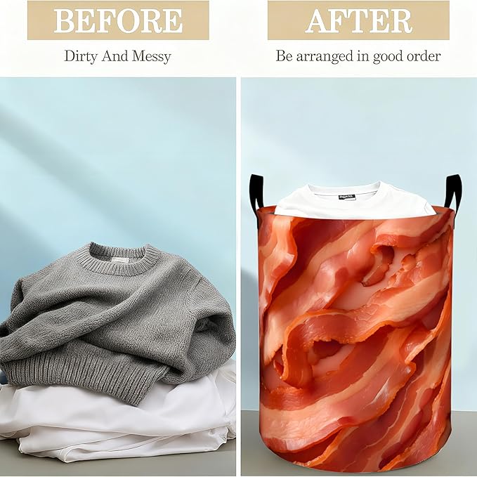 Bacon Pattern Laundry Basket Hamper for Boys Girls Kids Adults, Foldable Waterproof Oxford Clothes Storage Bin, Funny Food Organizer for Bedroom Bathroom Room Decor 19.7"x15.8"