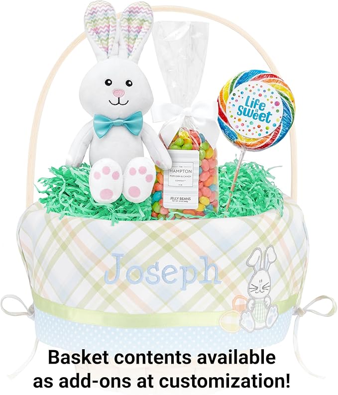 Let's Make Memories Personalized Easter Basket for Kids - For Boys - For Girls - Embroidered Name - Create Your Own - Fillable - Wicker - Easter Basket Stuffers - Medium - Blue Bunny Applique