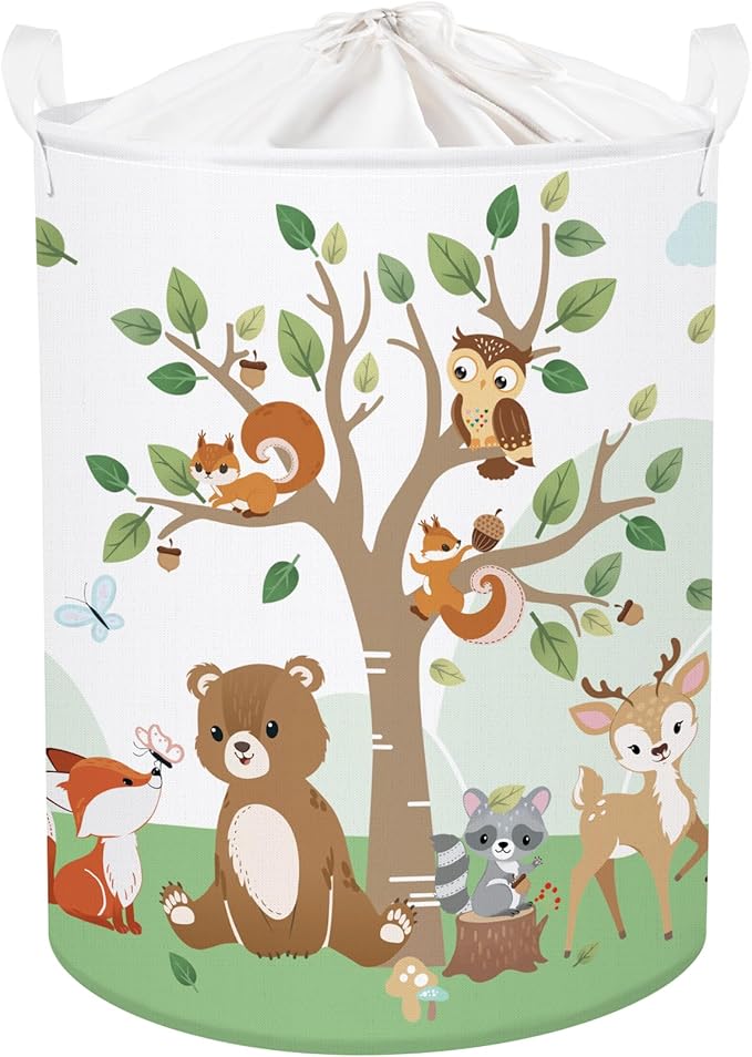 Forest Animals Laundry Hamper Woodland Tree Large Storage Basket Parents Organizer Kids Clothes Toy Bins for Bedroom, Bathroom, Squirrel, 63L
