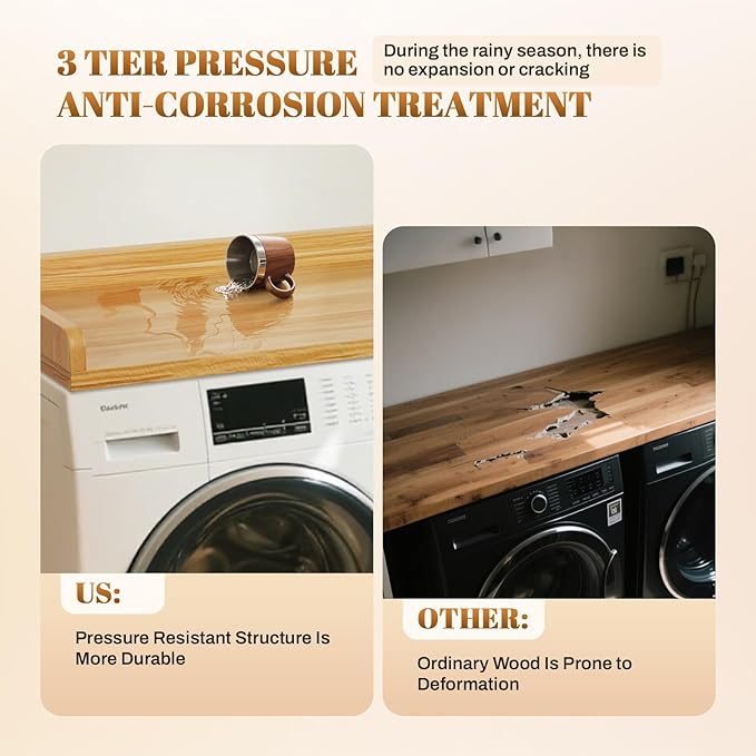 GCCSJ Washer Dryer Countertop, 54" Width x 27.5" Depth Wood Laundry Topper with Edge & Non-Slip Pads for Laundry Room Organization Storage & Clothes Folding, Oak